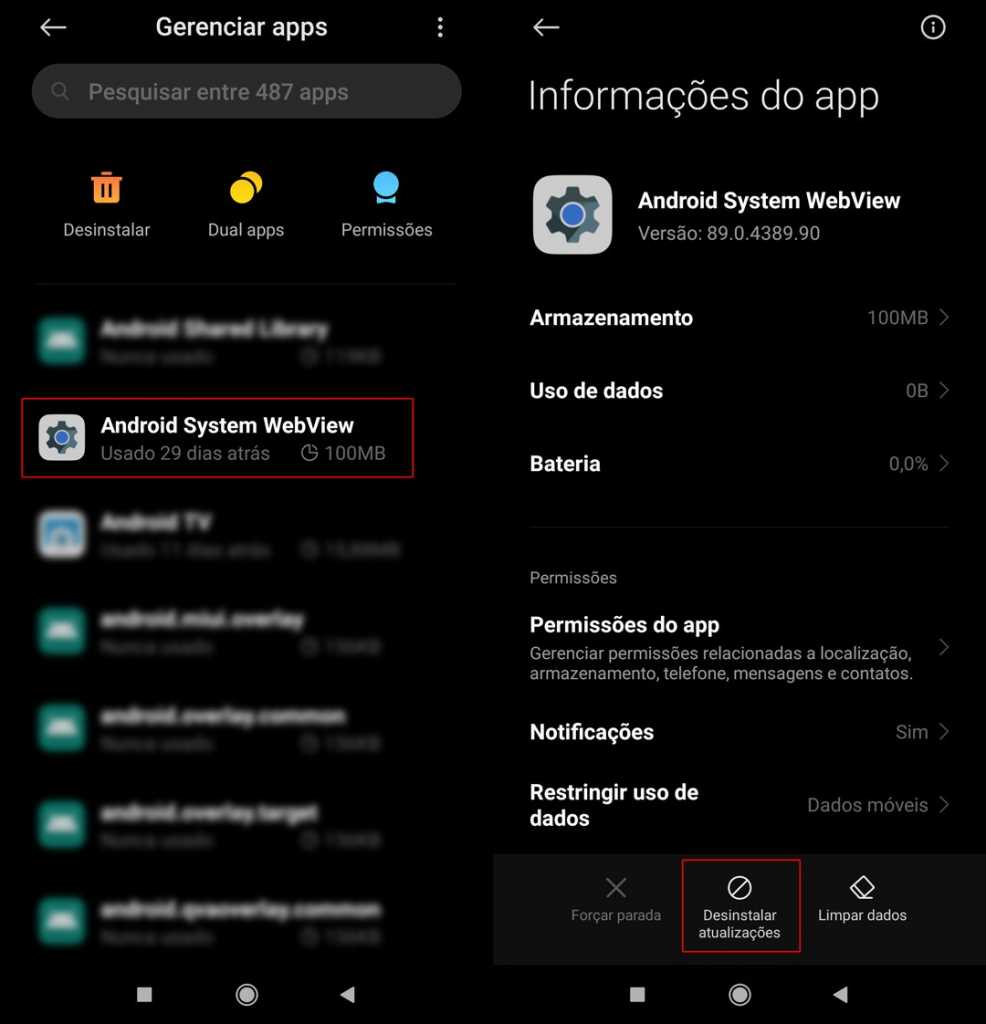 Aplicativo apresentou falhas continuamente - Android System WebView