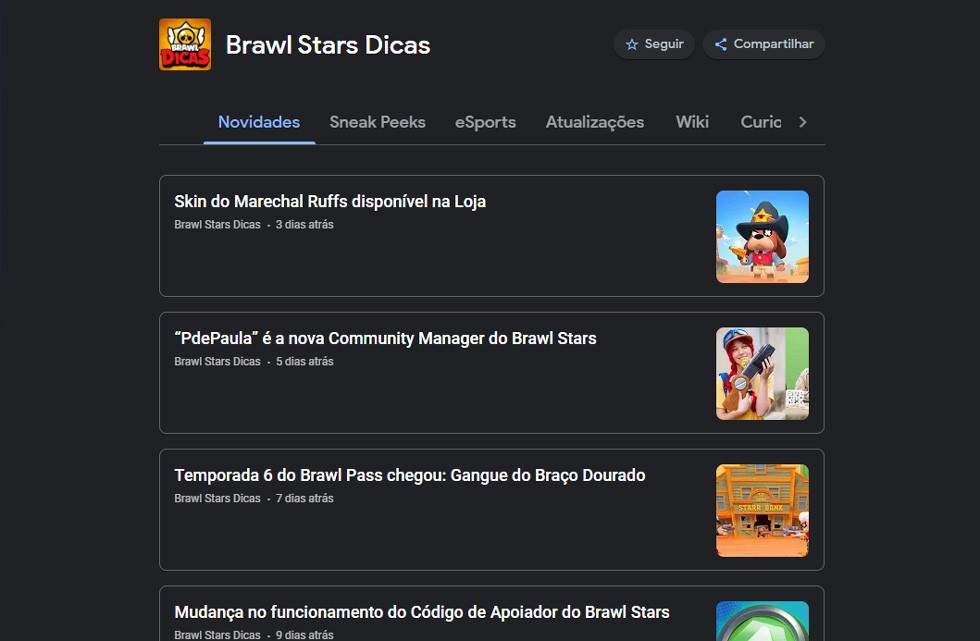 Siga Brawl Stars Dicas no Google News pelo Computador