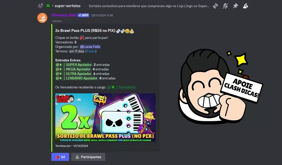 Participe do sorteio exclusivo de Brawl Pass Plus no Discord Ganhe um Brawl Pass Plus com o Código ClashDicas na Loja do Brawl Stars
