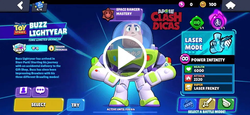 Gameplay Exclusiva do Brawler Buzz Lightyear no Brawl Stars Gameplay Exclusiva do Brawler Buzz Lightyear no Brawl Stars com botão de play