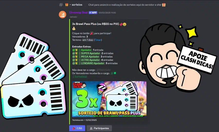 Participe do sorteio exclusivo de Brawl Pass Plus no Discord Ganhe um Brawl Pass Plus com o Código ClashDicas na Loja do Brawl Stars