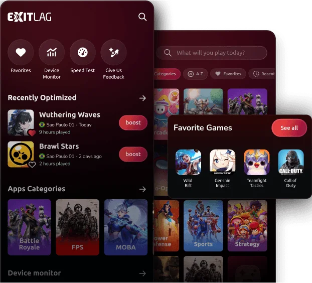 ExitLag Mobile app ping otimização Interface ExitLag Mobile otimização