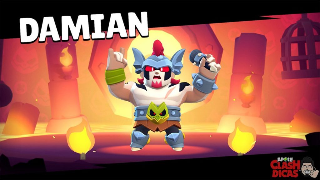Damian no Brawl Stars com visual metal e energia de coração hipercarregado