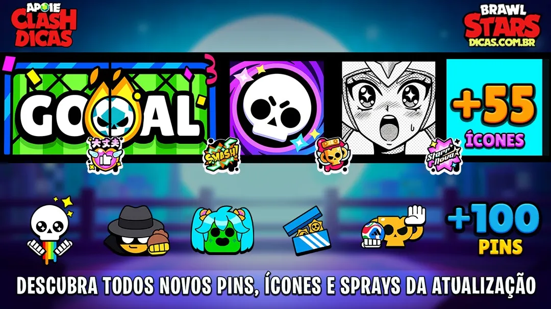 Cosméticos da atualização de abril de 2026 de Brawl Stars, com ícones, sprays, títulos e reações.