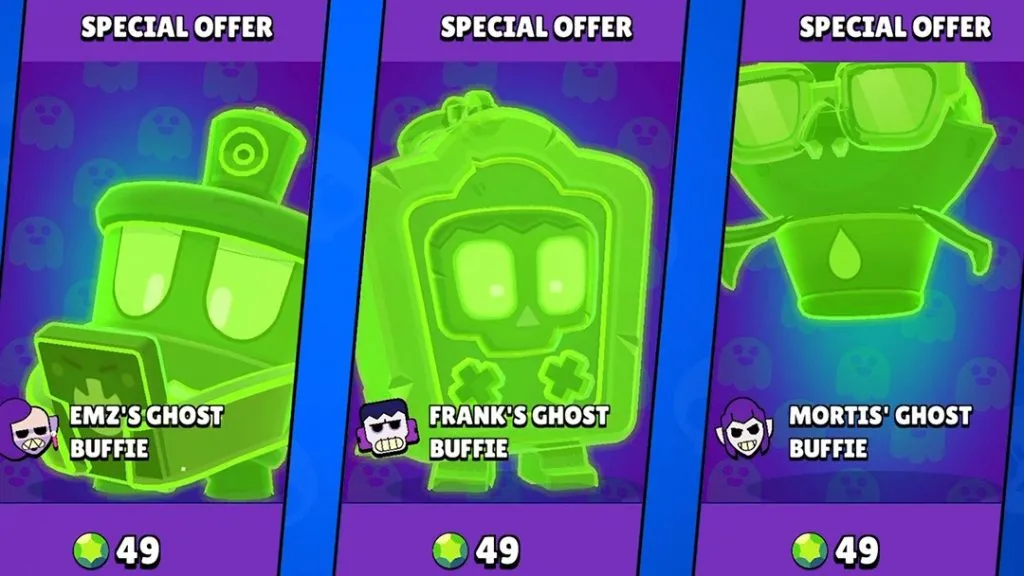 Skins fantasmas para Buffies no Brawl Stars Skins fantasmas de Buffies para Emz, Frank e Mortis no Brawl Stars