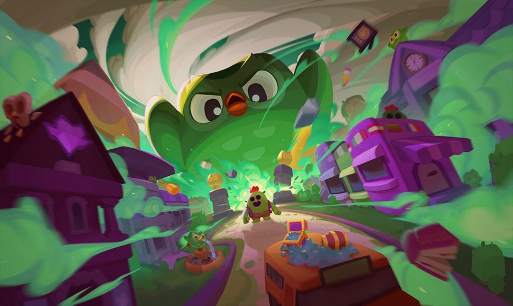 Tela de carregamento da colaboração entre Brawl Stars e Duolingo com o Duo atacando Starr Park